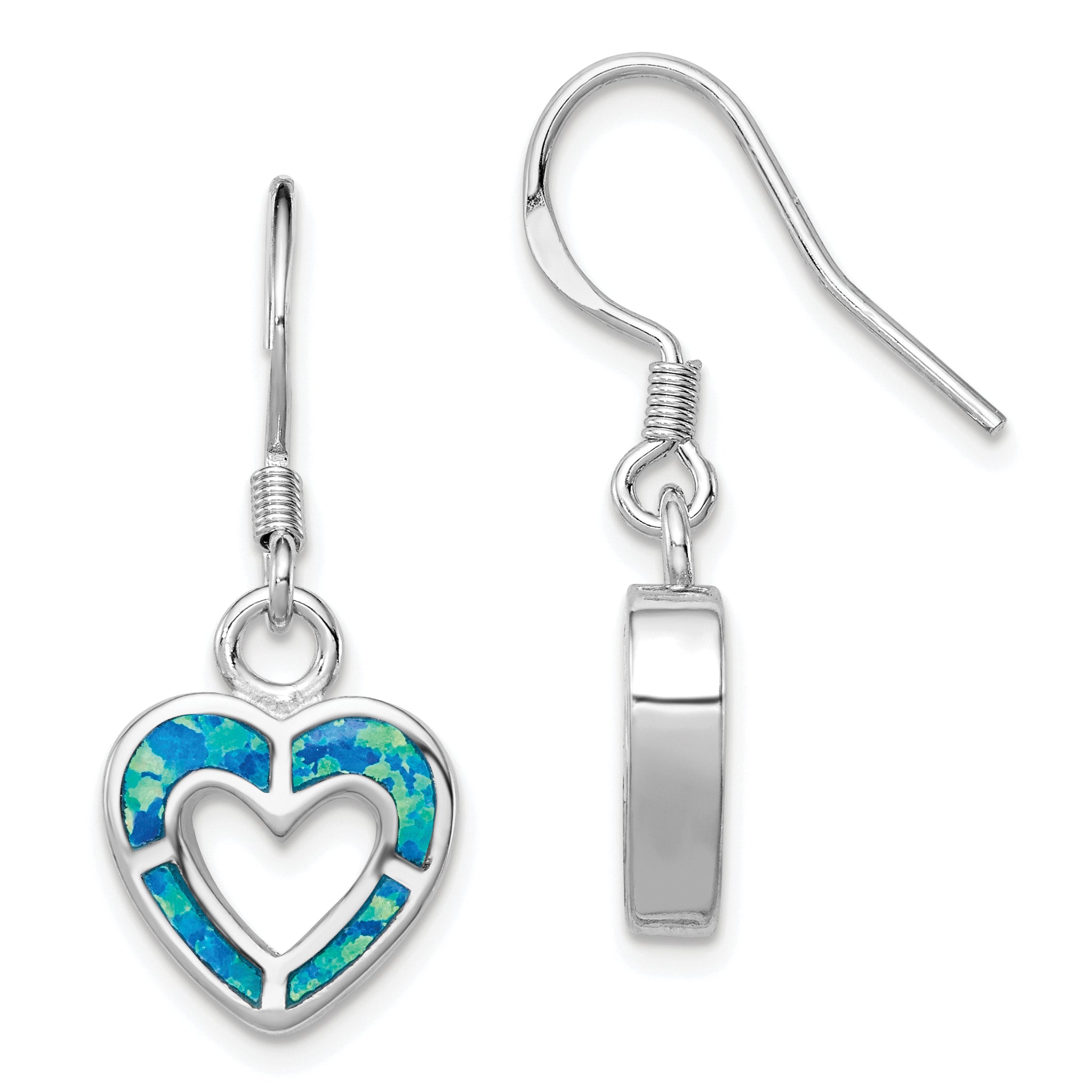 Sterling Silver RH-plated Blue Created Opal Inlay Heart Dangle Earrings Main image