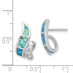 Sterling Silver RH-plated CZ & Blue Created Opal Twisted Post Earrings