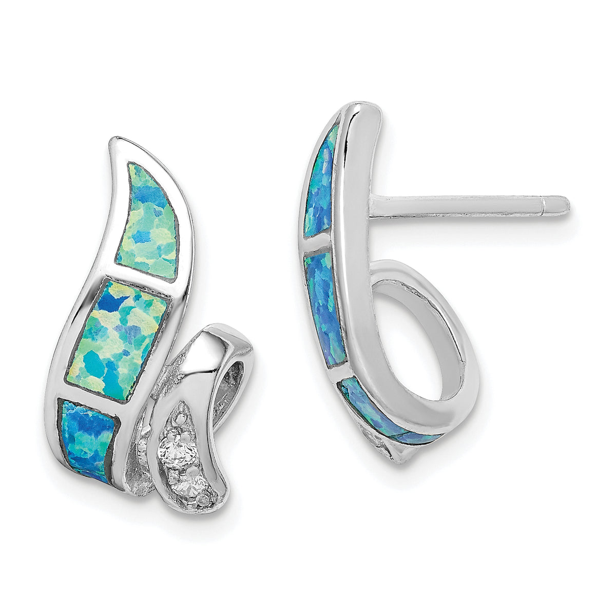 Sterling Silver RH-plated CZ & Blue Created Opal Twisted Post Earrings