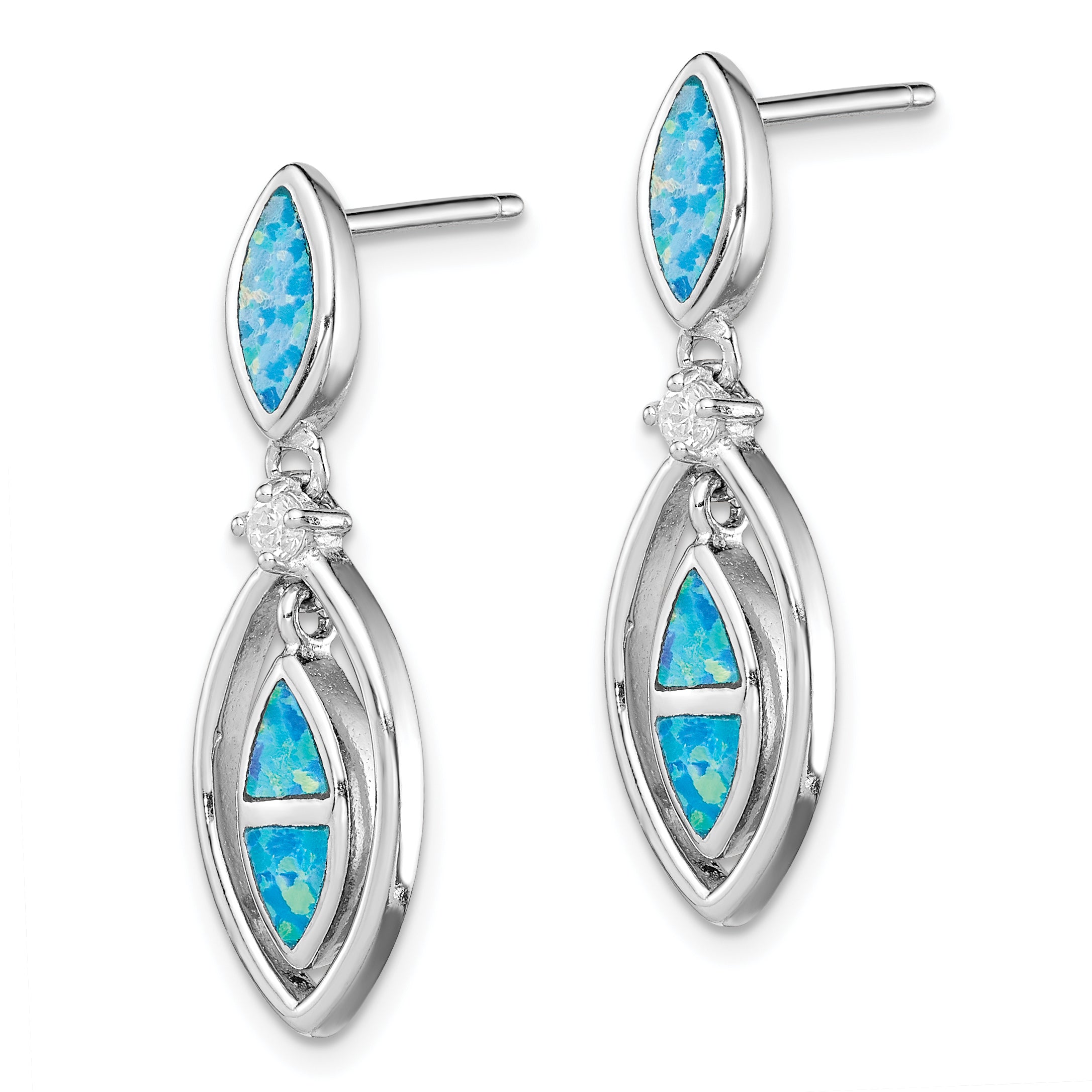 Sterling Silver RH-plated CZ & Blue Cr. Opal Marquise Post Dangle Earrings