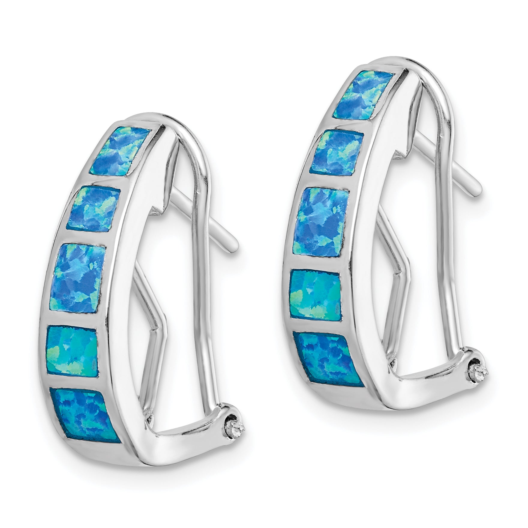 Sterling Silver RH-plated Polished Blue Created Opal Inlay J-Hoop Earrings Secondary image