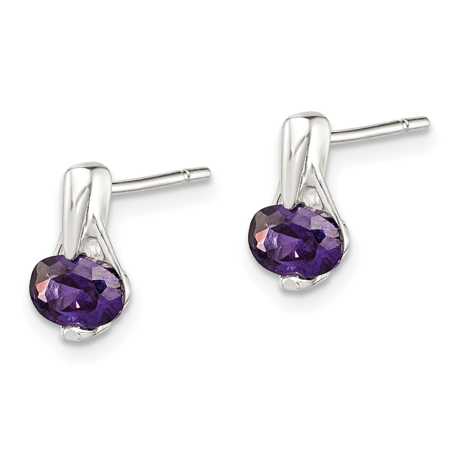 Sterling Silver Polished Oval Purple CZ Post Earrings Secondary image