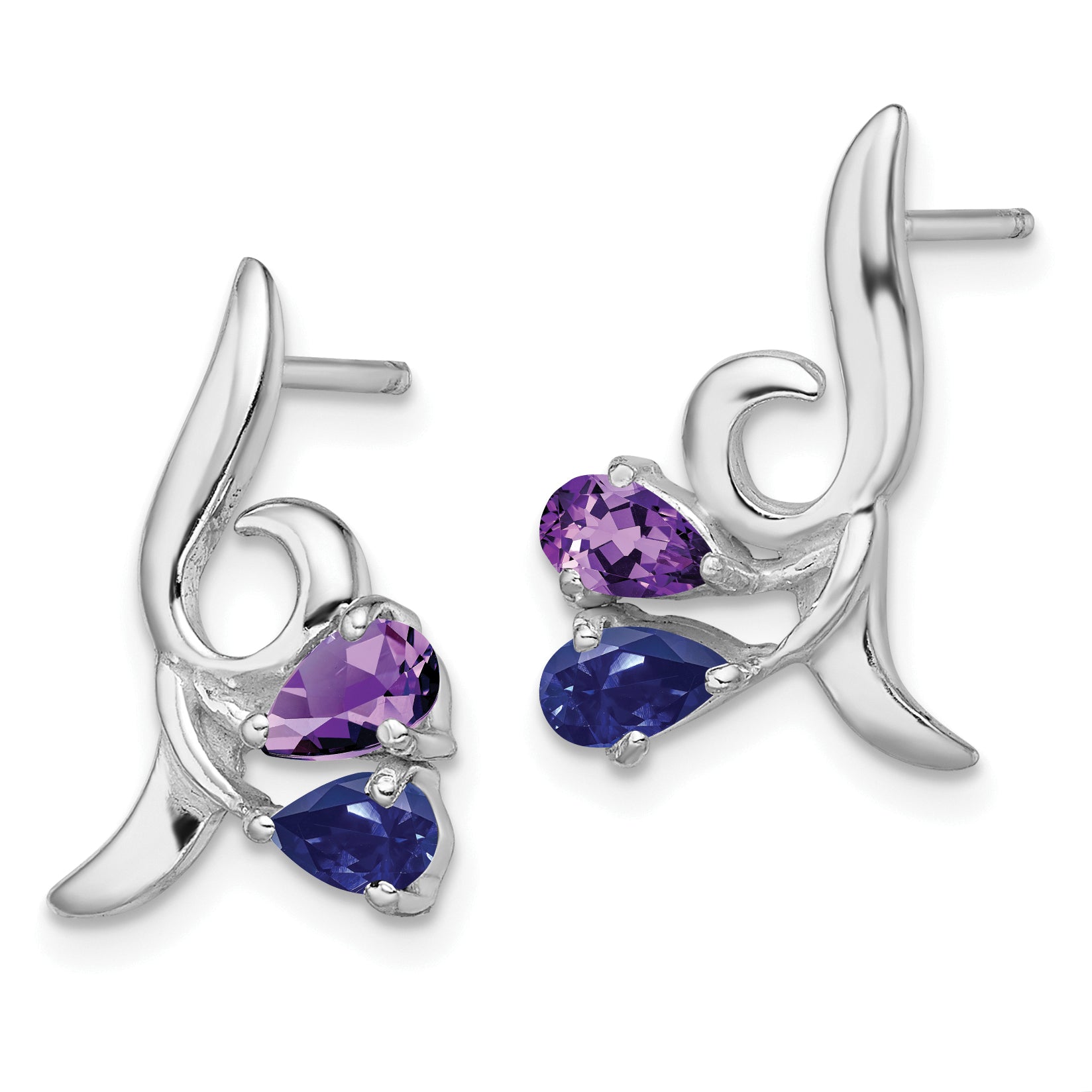 Sterling Silver Rhodium Plated Polished Amethyst and Iolite Post Earrings