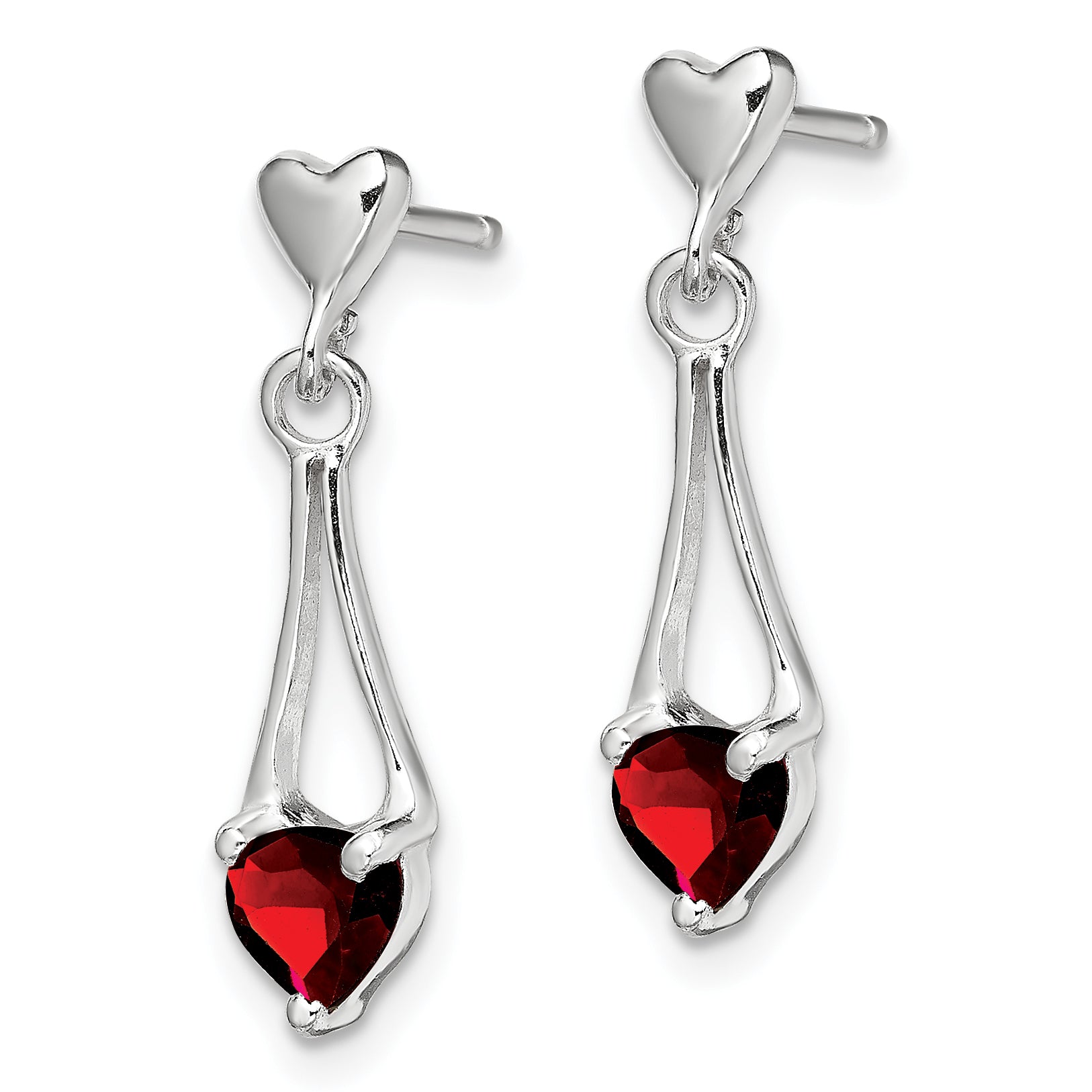 Sterling Silver Rhodium-plated Polished Garnet Heart Post Dangle Earrings Secondary image