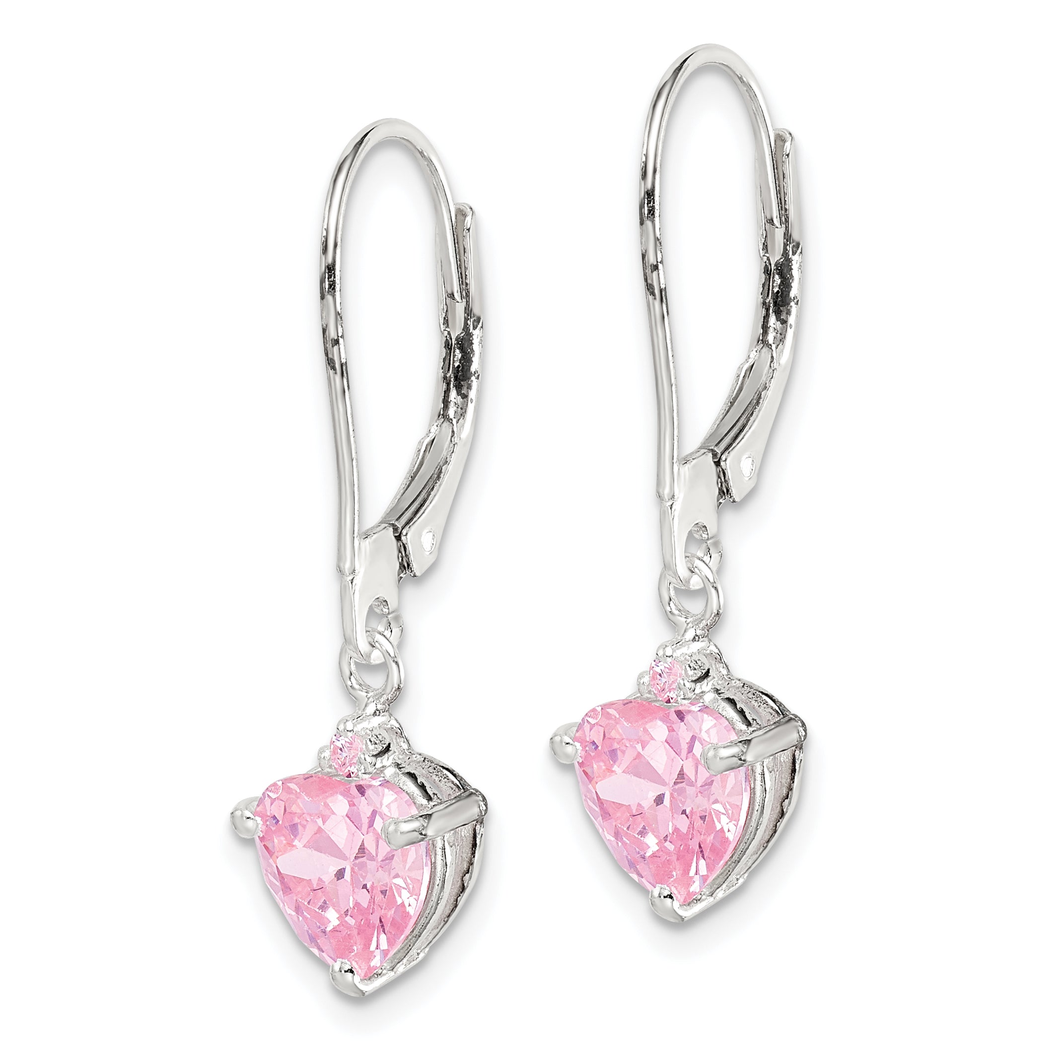 Sterling Silver Polished Pink CZ Heart Leverback Dangle Earrings Secondary image