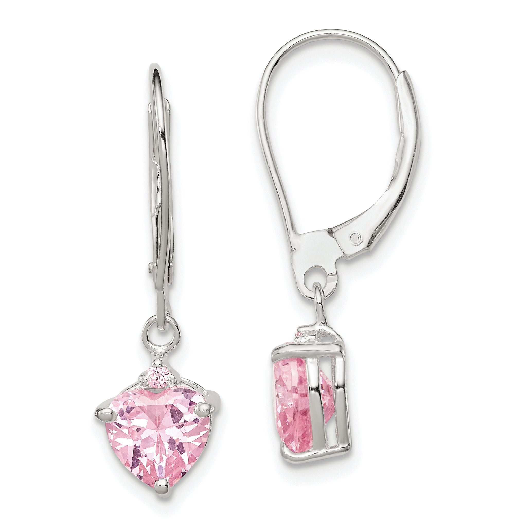 Sterling Silver Polished Pink CZ Heart Leverback Dangle Earrings Main image