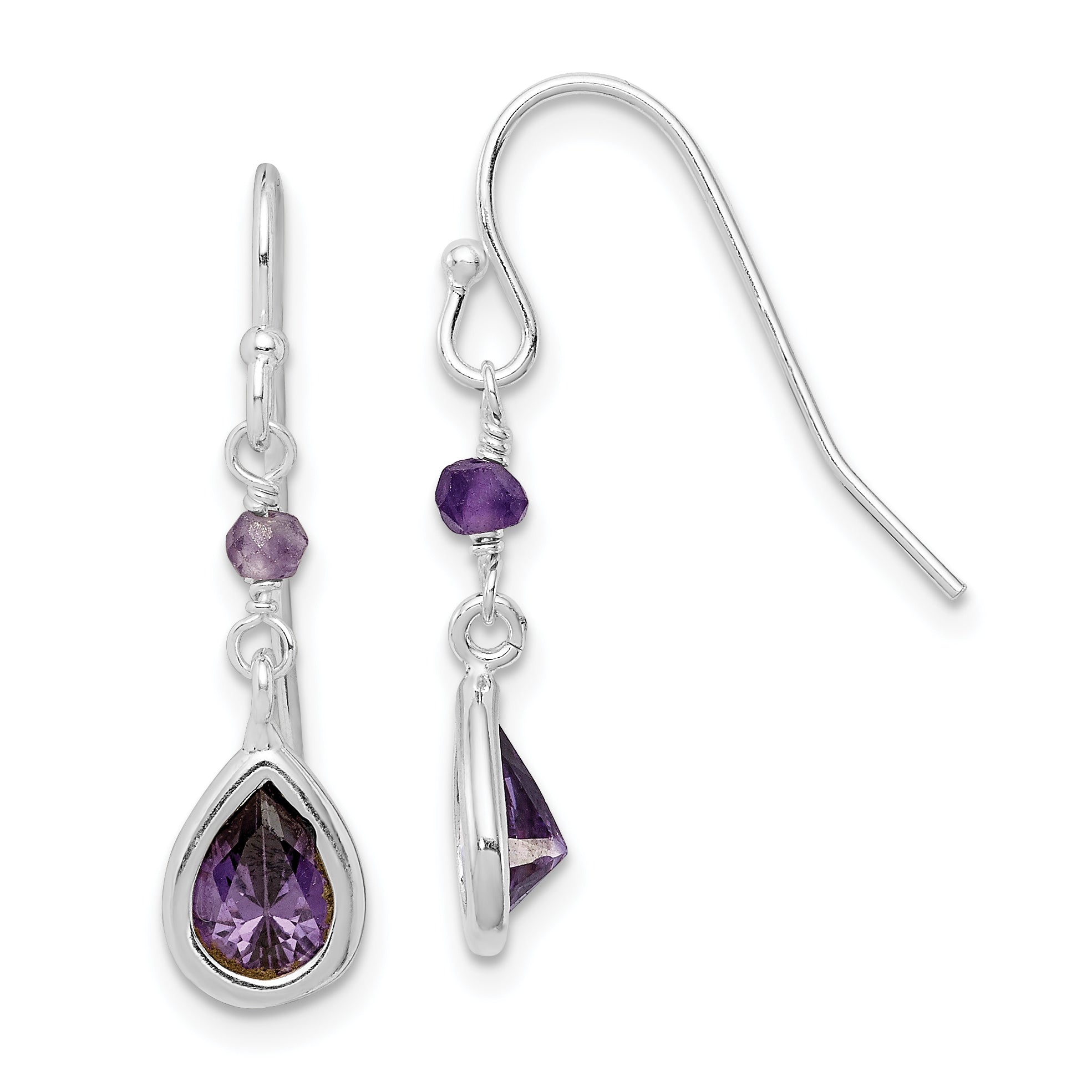 Sterling Silver Rhodium-plated Polish Purple CZ Teardrop Dangle Earrings Main image