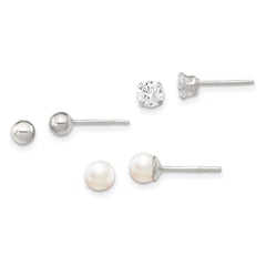 Sterling Silver Post 3pc Stellux Crystal and FWC Pearl Post Earring Set