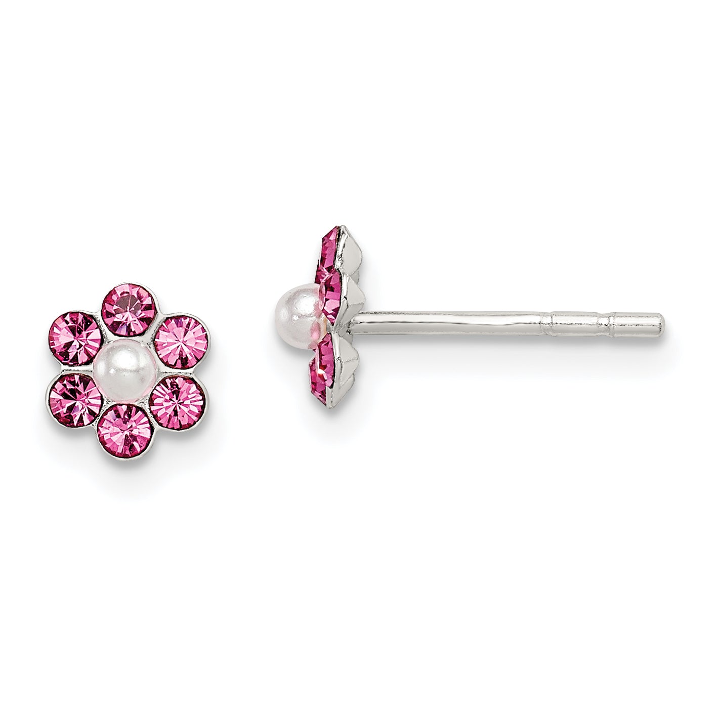 Sterling Silver Polished Children's Stellux Crystal & Imitation Pearl Flower Post Earring Set