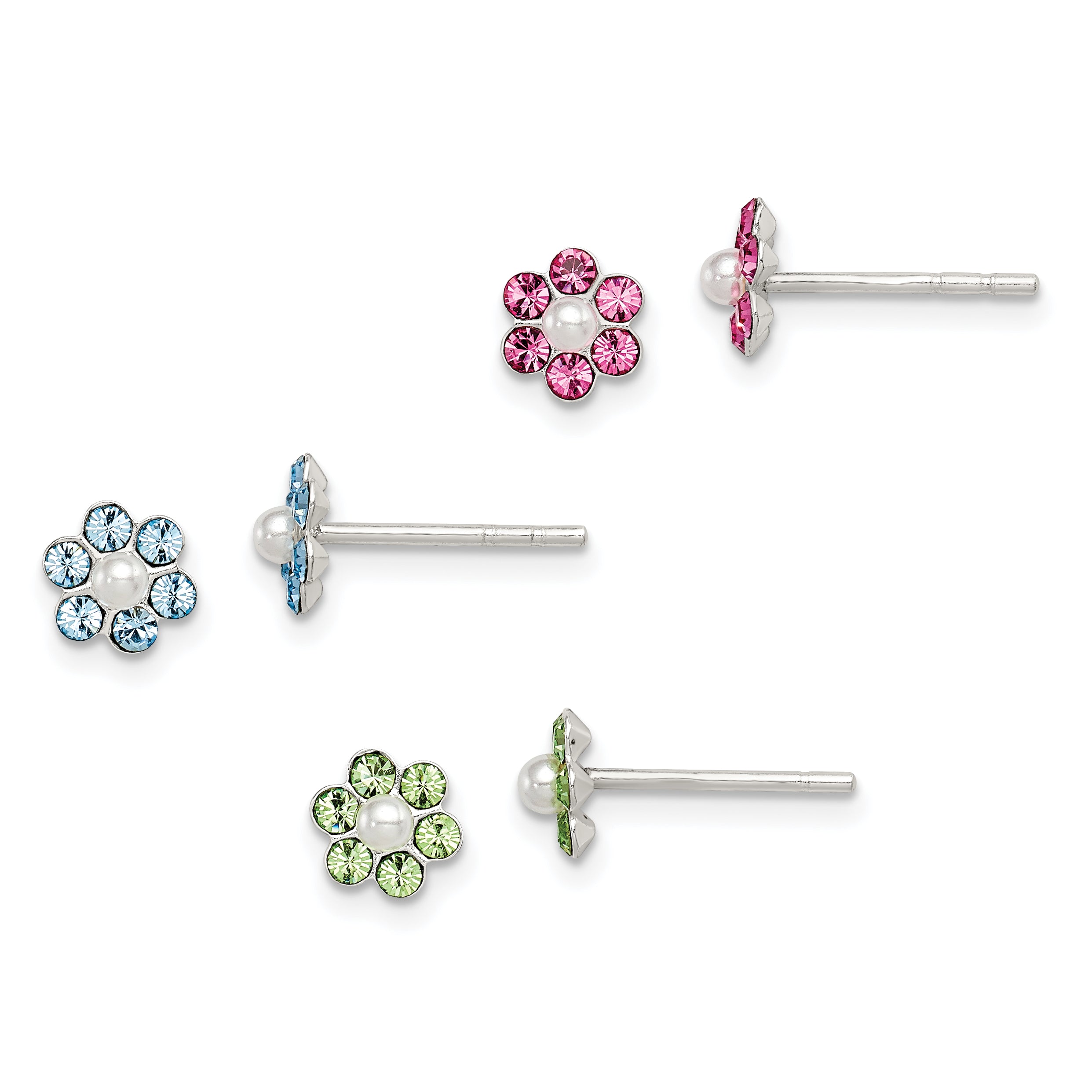 Sterling Silver Polished Children's Stellux Crystal & Imitation Pearl Flower Post Earring Set