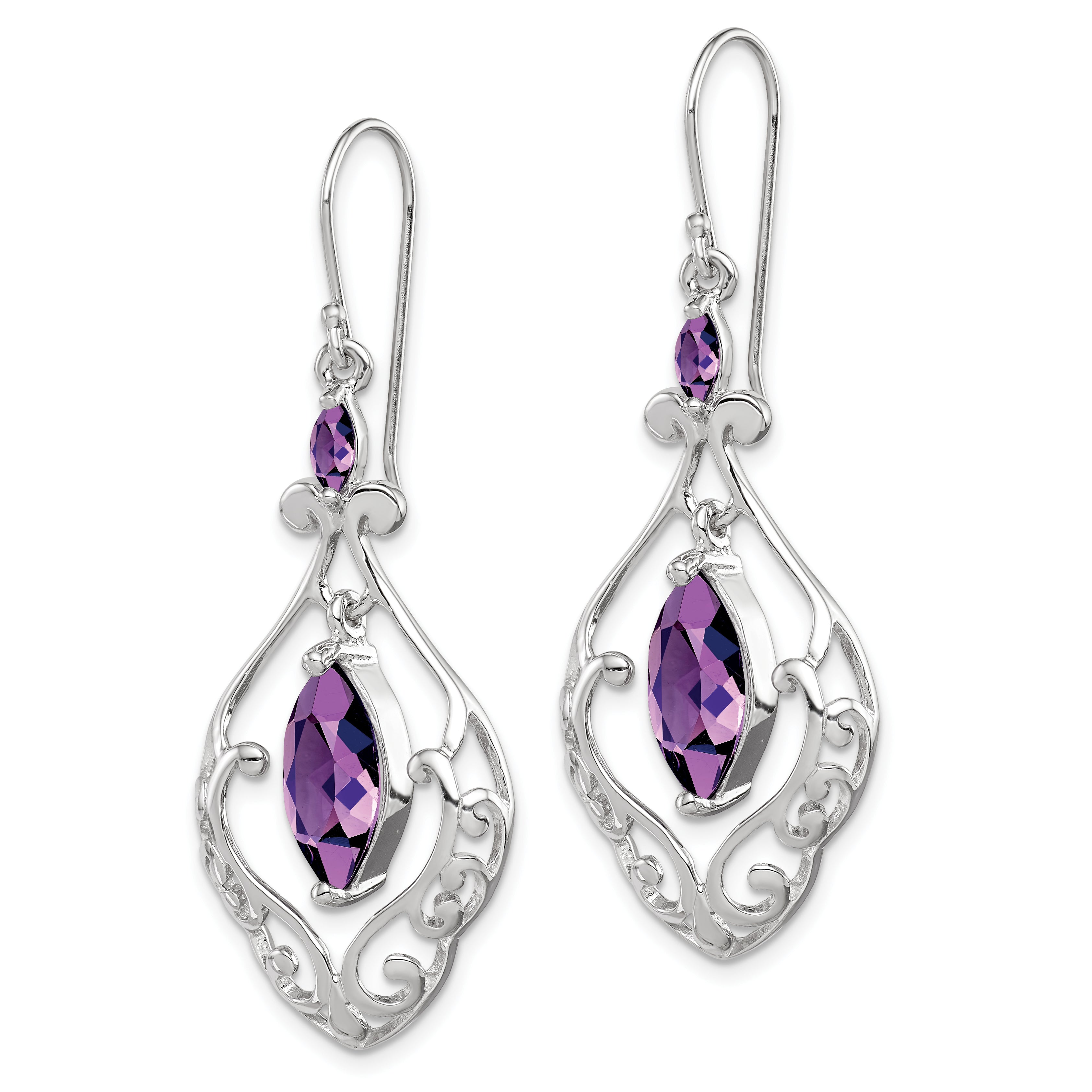 Sterling Silver Rhodium Plated Amethyst Fancy Dangle Earrings Secondary image