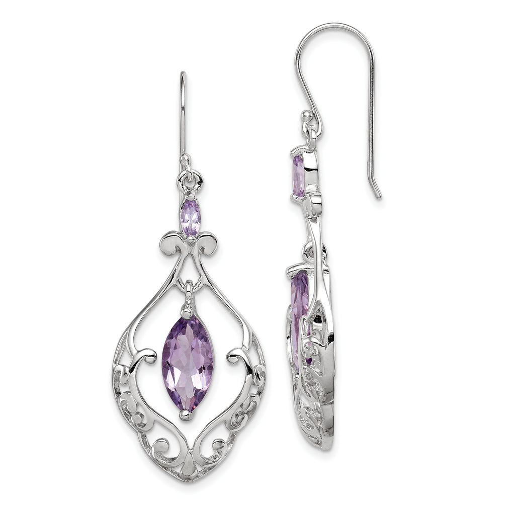 Sterling Silver Rhodium Plated Amethyst Fancy Dangle Earrings