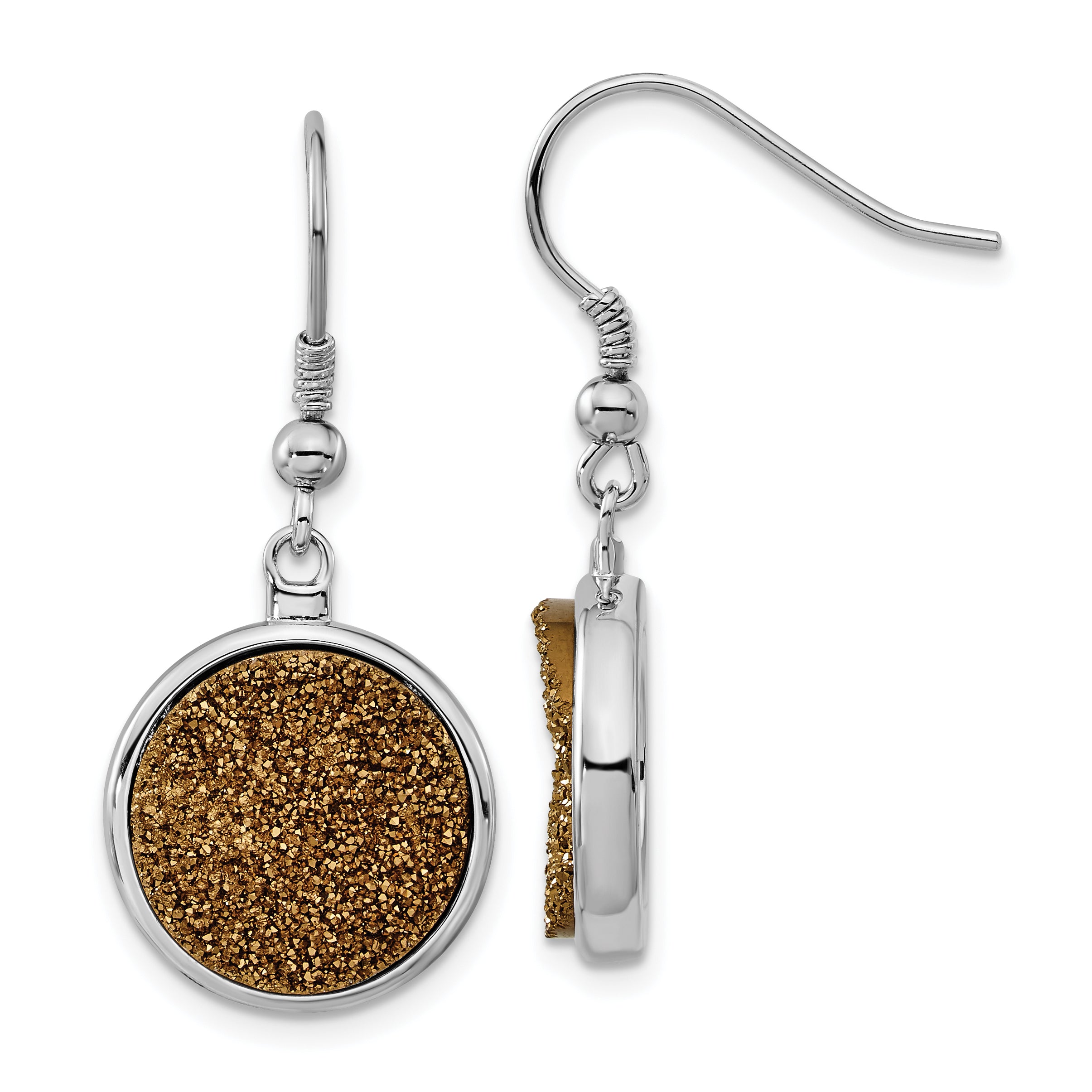 Sterling Silver and Yellow Druzy Circle Shepherd Hook Dangle Earrings