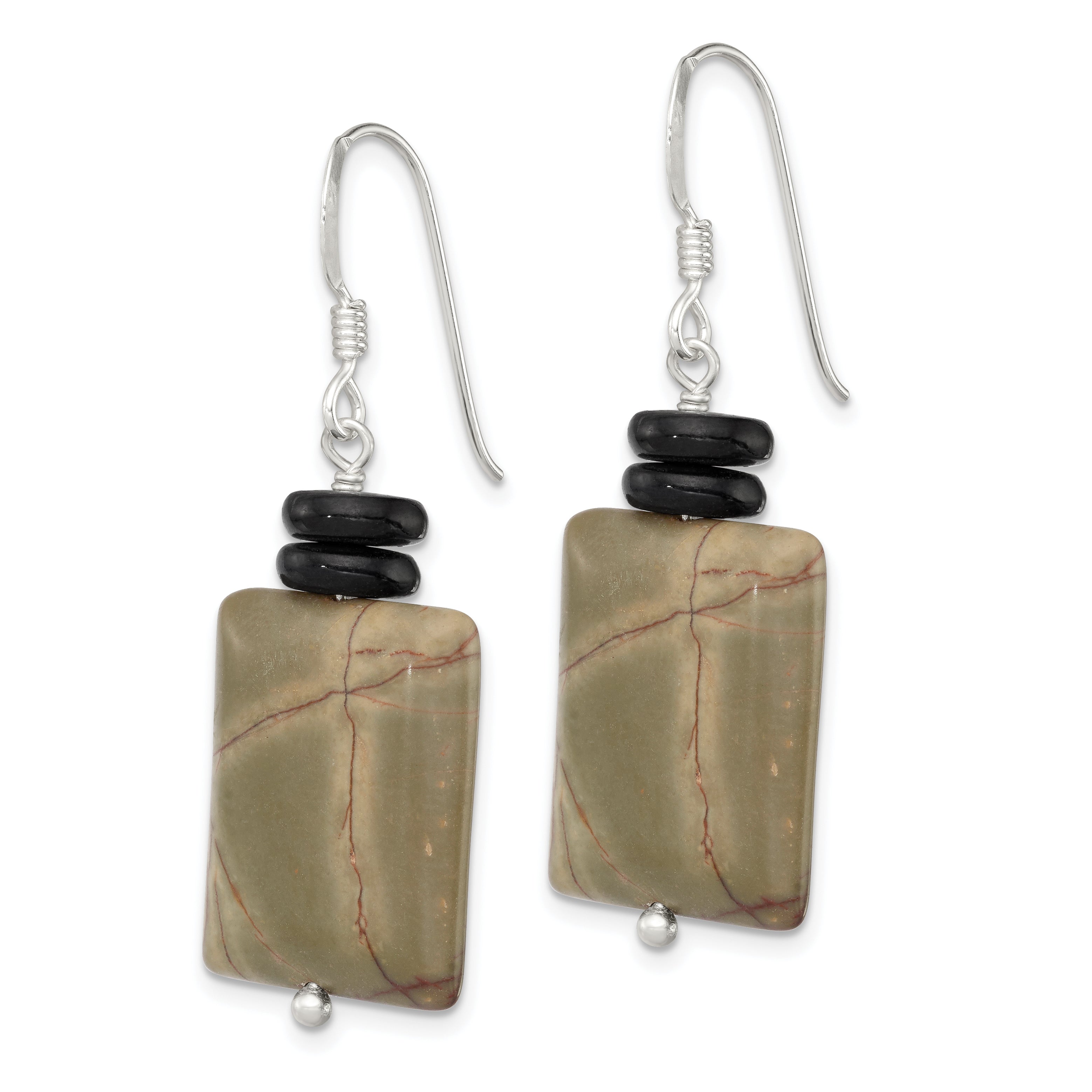 Sterling Silver Polished Black Mother of Pearl & Picasso Jasper Dangle Earrings Secondary image