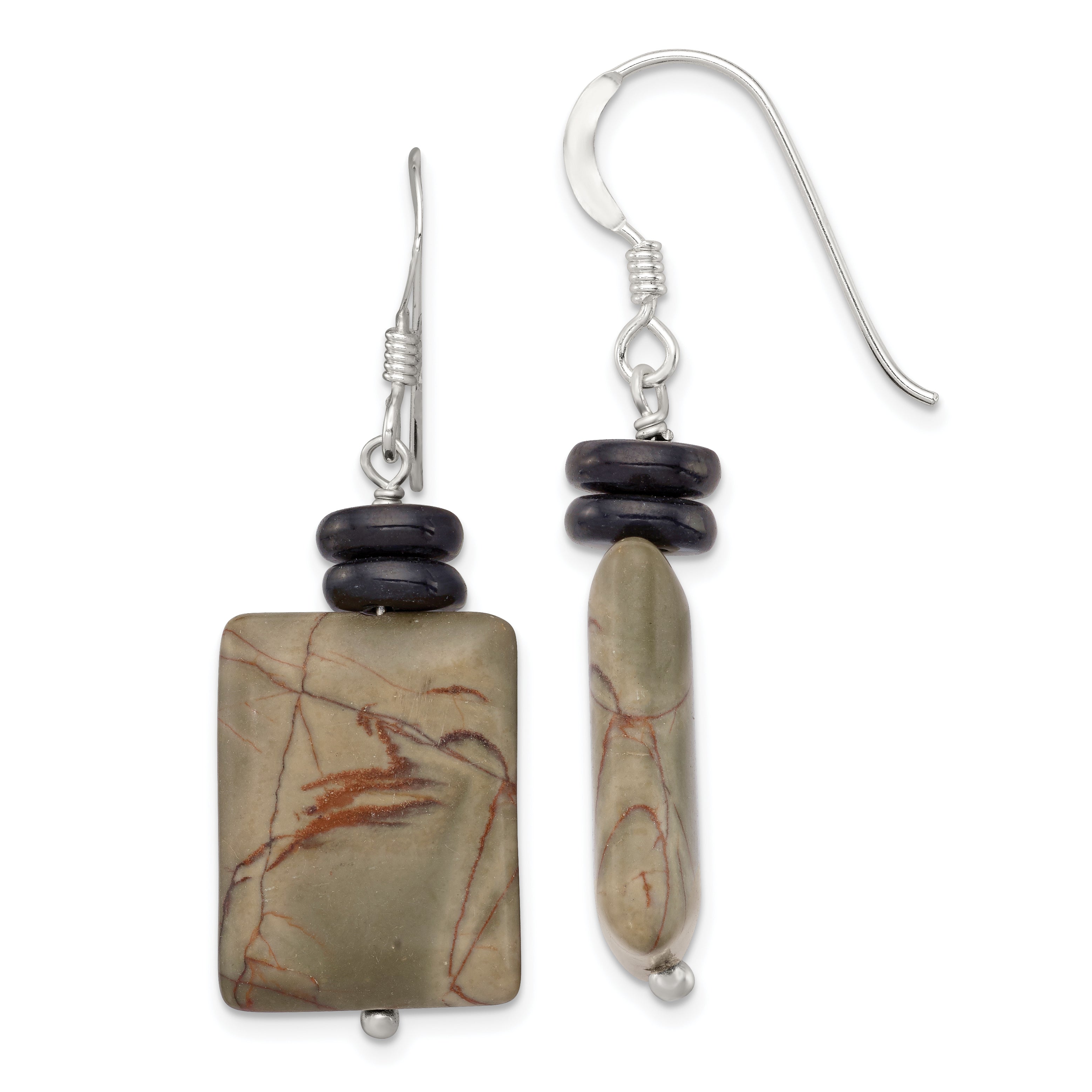Sterling Silver Polished Black Mother of Pearl & Picasso Jasper Dangle Earrings Main image