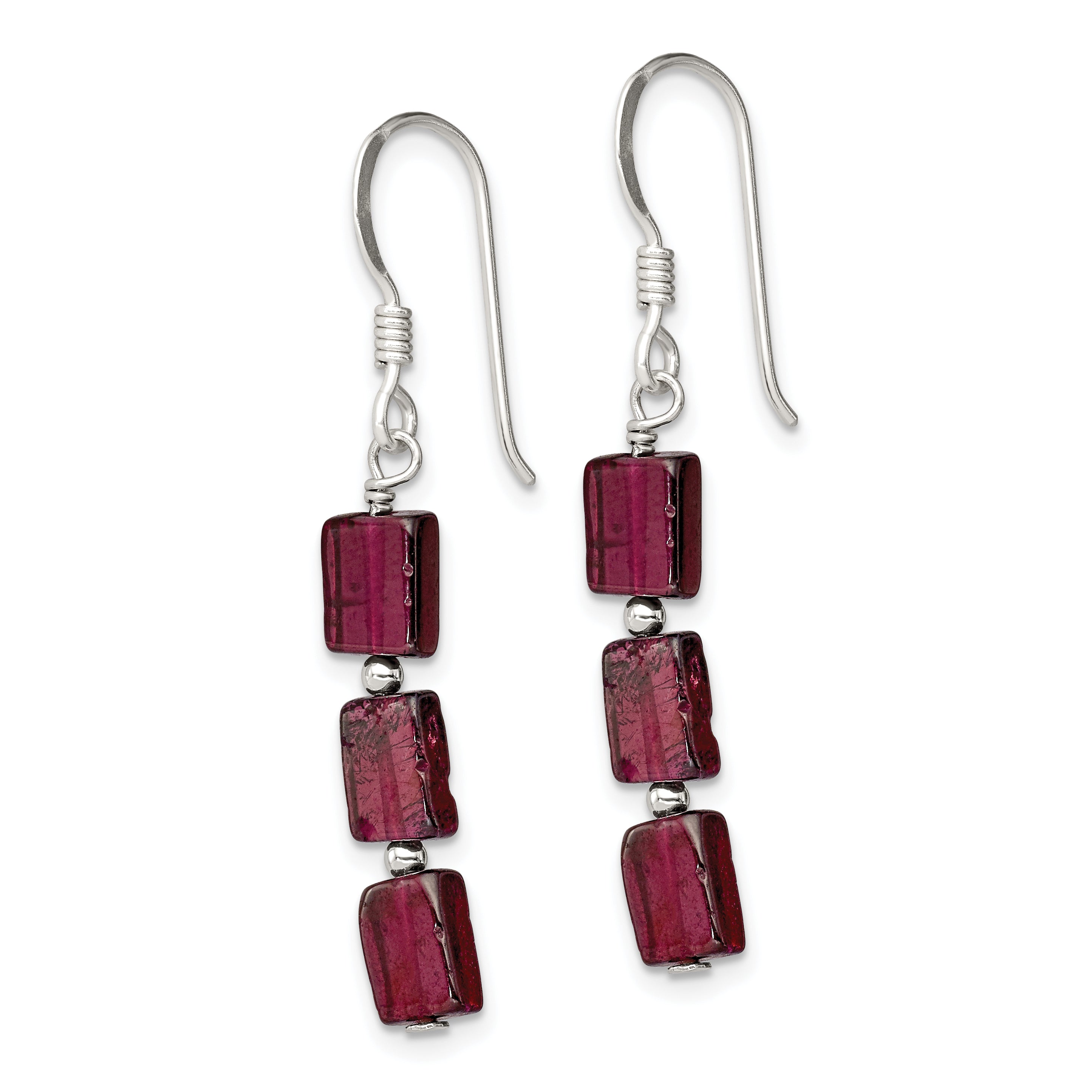 Sterling Silver Polished Triple Rectangle Garnet Dangle Earrings Secondary image