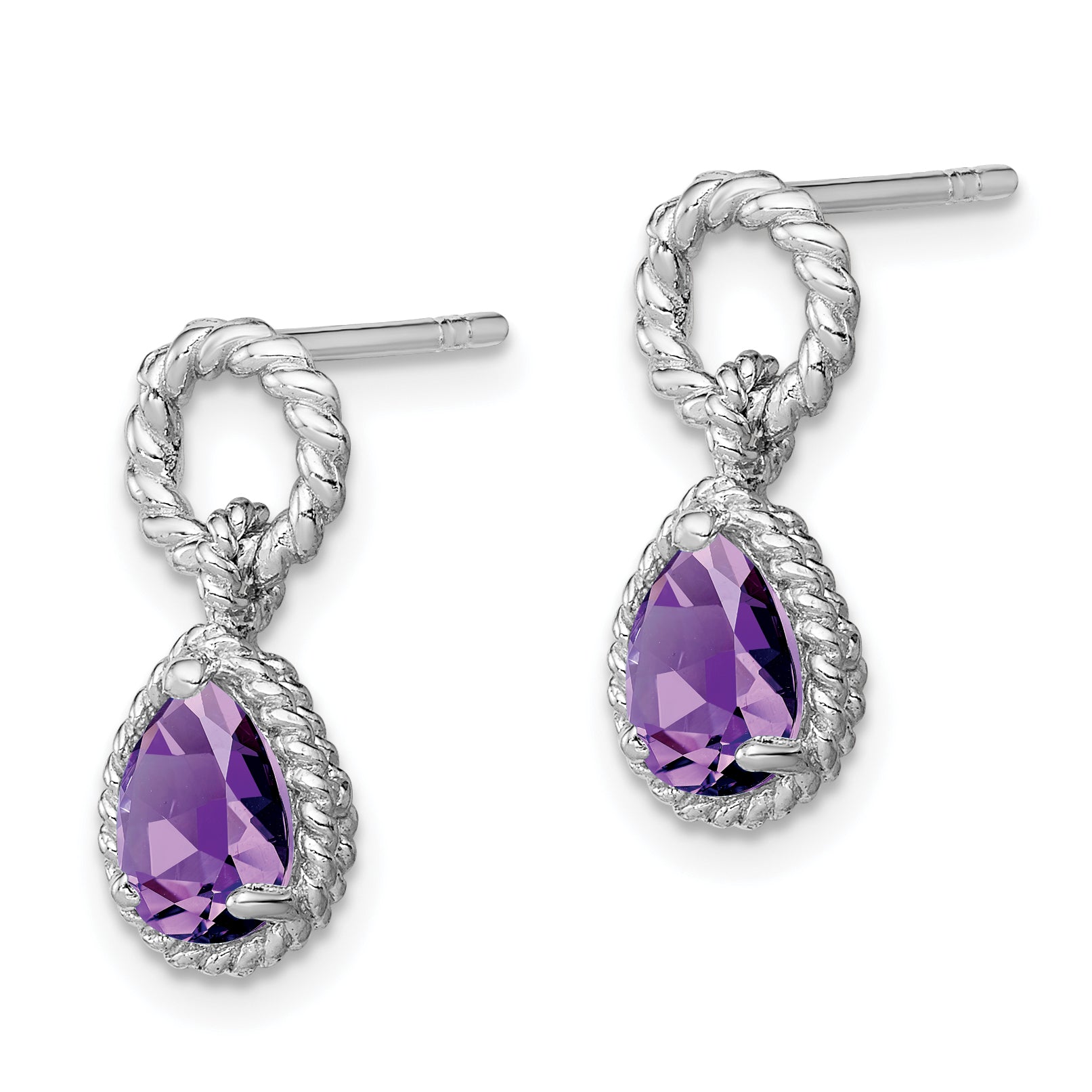 Sterling Silver Rhodium Plated Amethyst Pear Twisted Earrings Secondary image