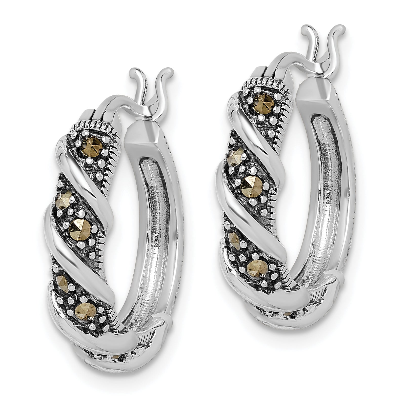 Sterling Silver Rhodium-plated Antiqued Swirl Hoop Marcasite Earrings Secondary image