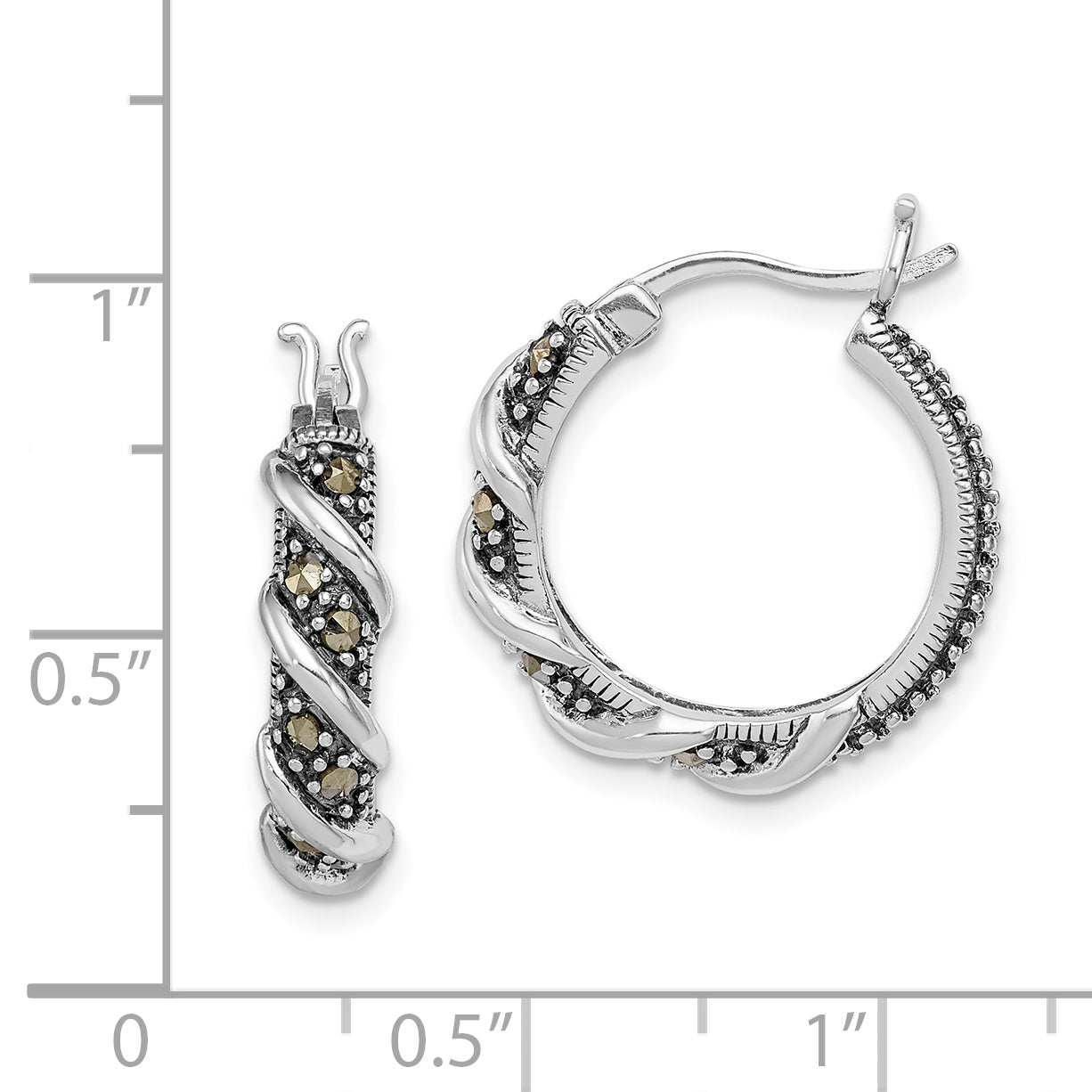 Sterling Silver Rhodium-plated Antiqued Swirl Hoop Marcasite Earrings