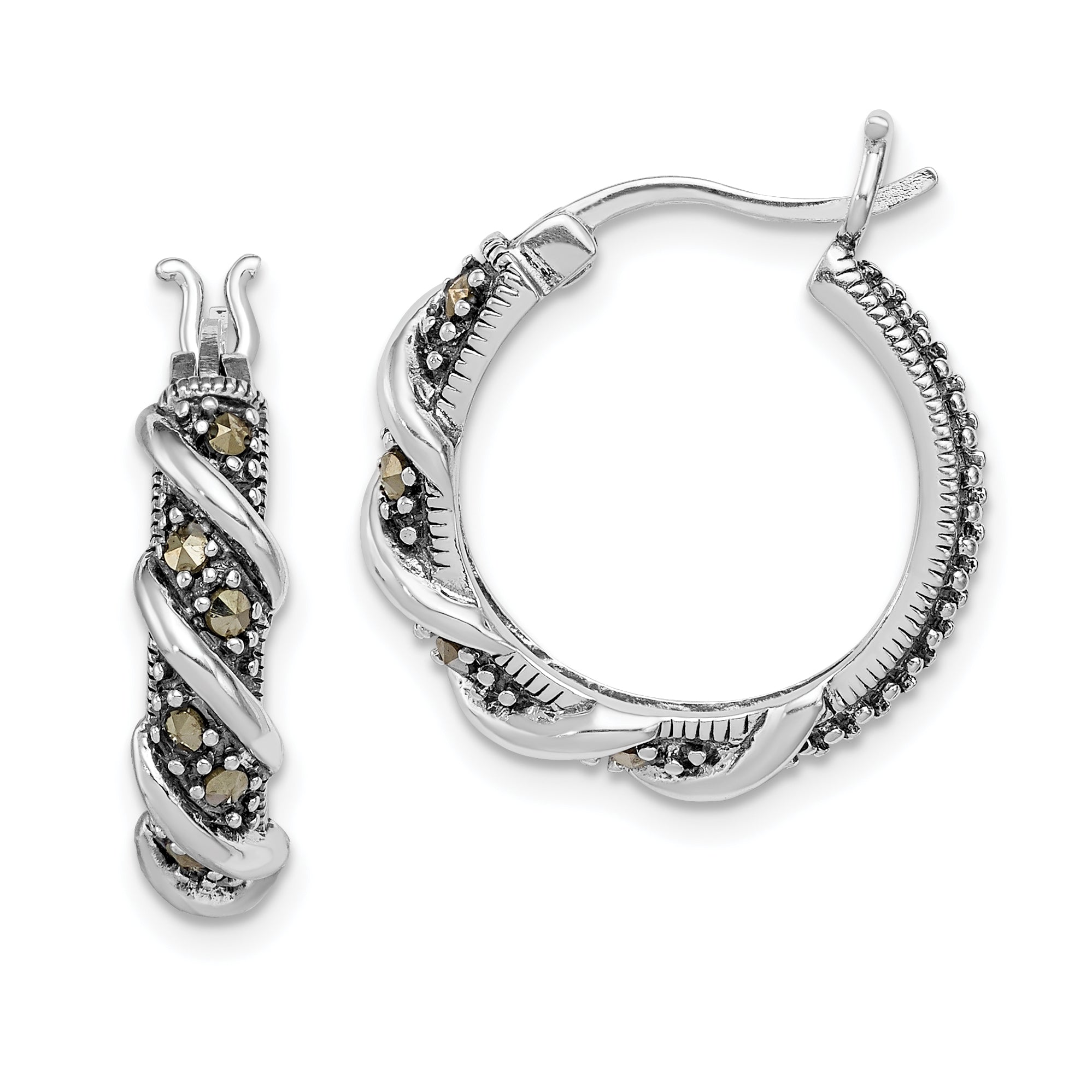 Sterling Silver Rhodium-plated Antiqued Swirl Hoop Marcasite Earrings Main image