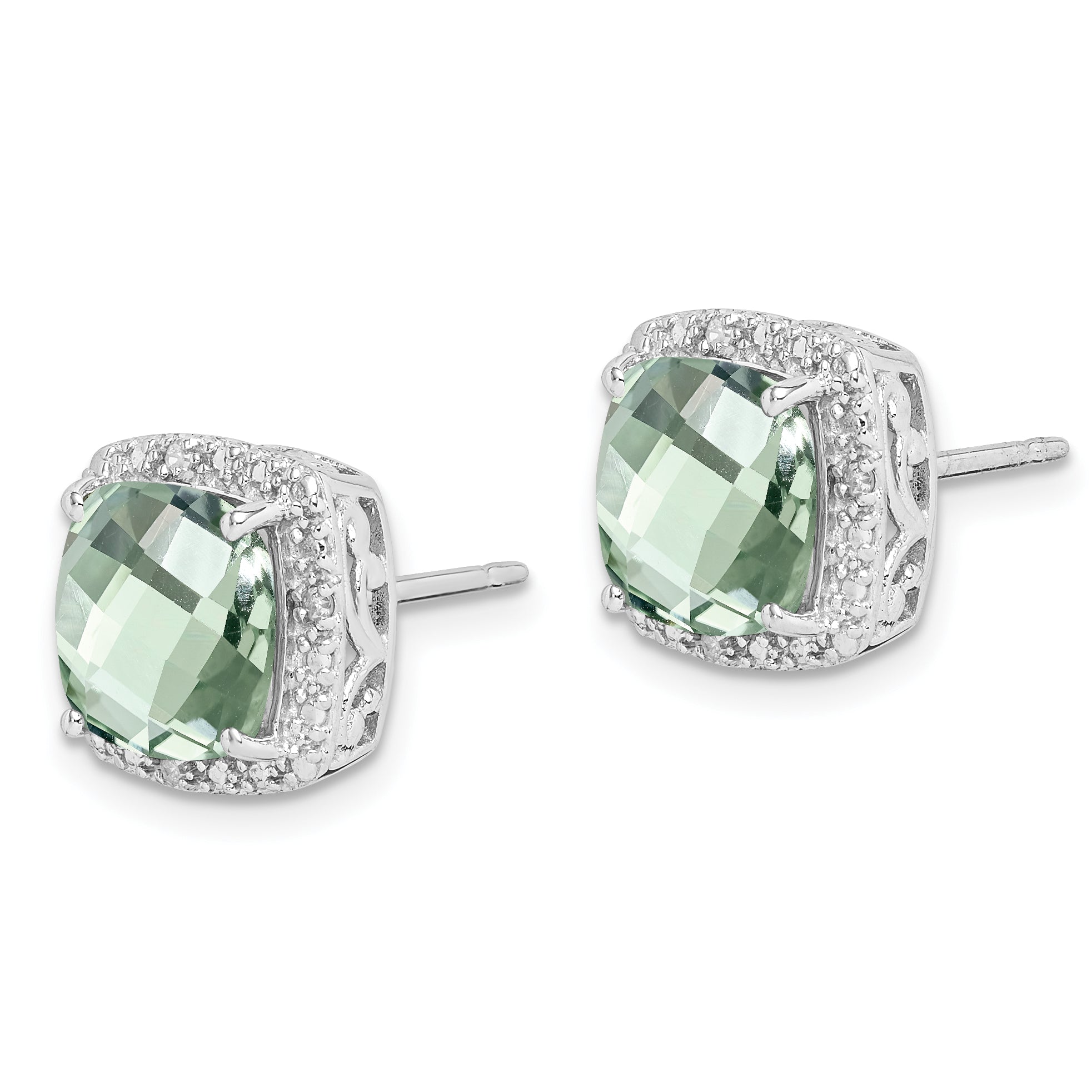 Sterling Silver Rhodium-plated Green Quartz and Diamond Earrings Secondary image