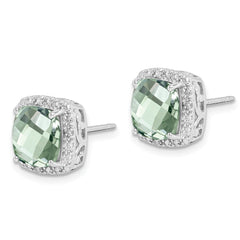 Sterling Silver Rhodium-plated Green Quartz and Diamond Earrings