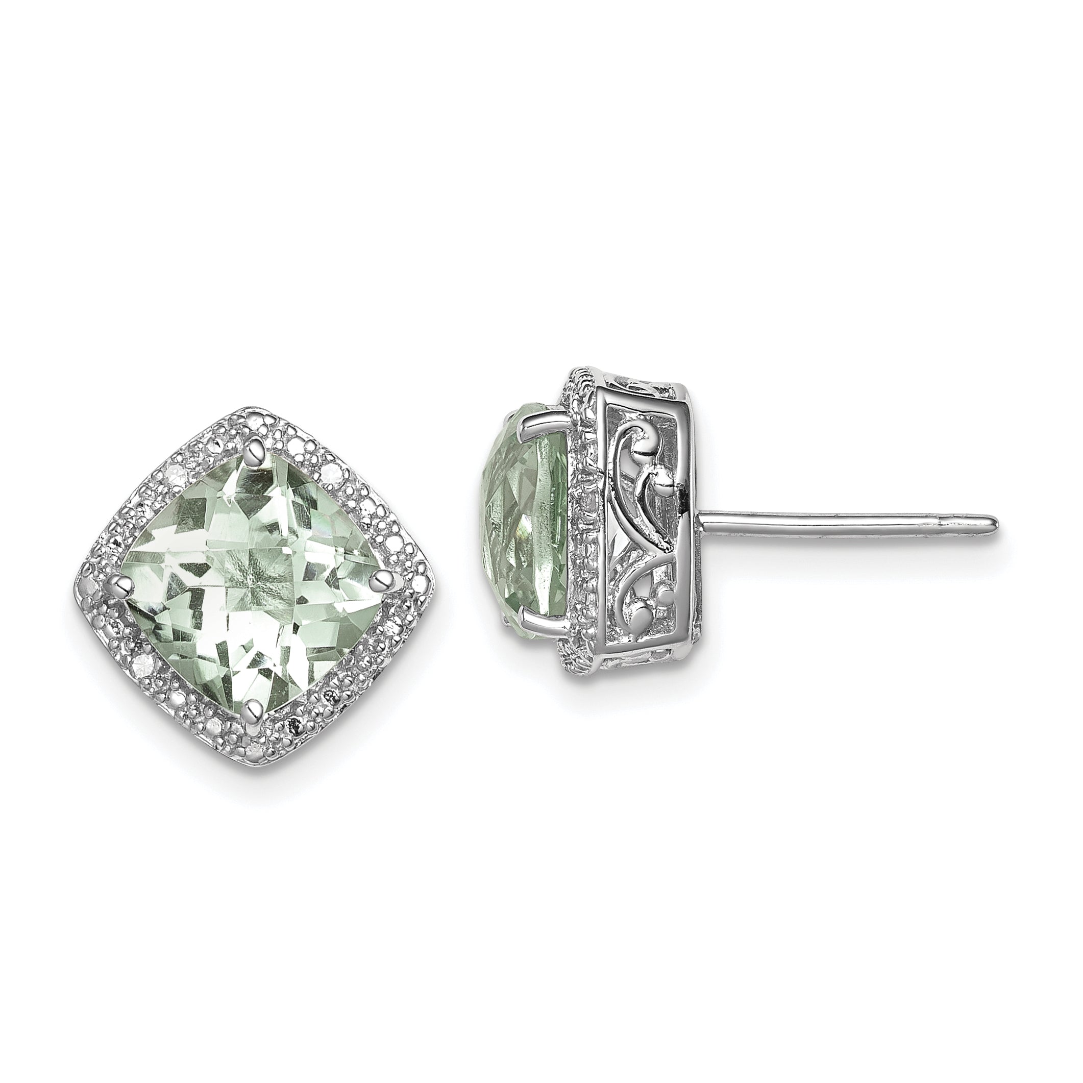 Sterling Silver Rhodium-plated Green Quartz and Diamond Earrings Main image