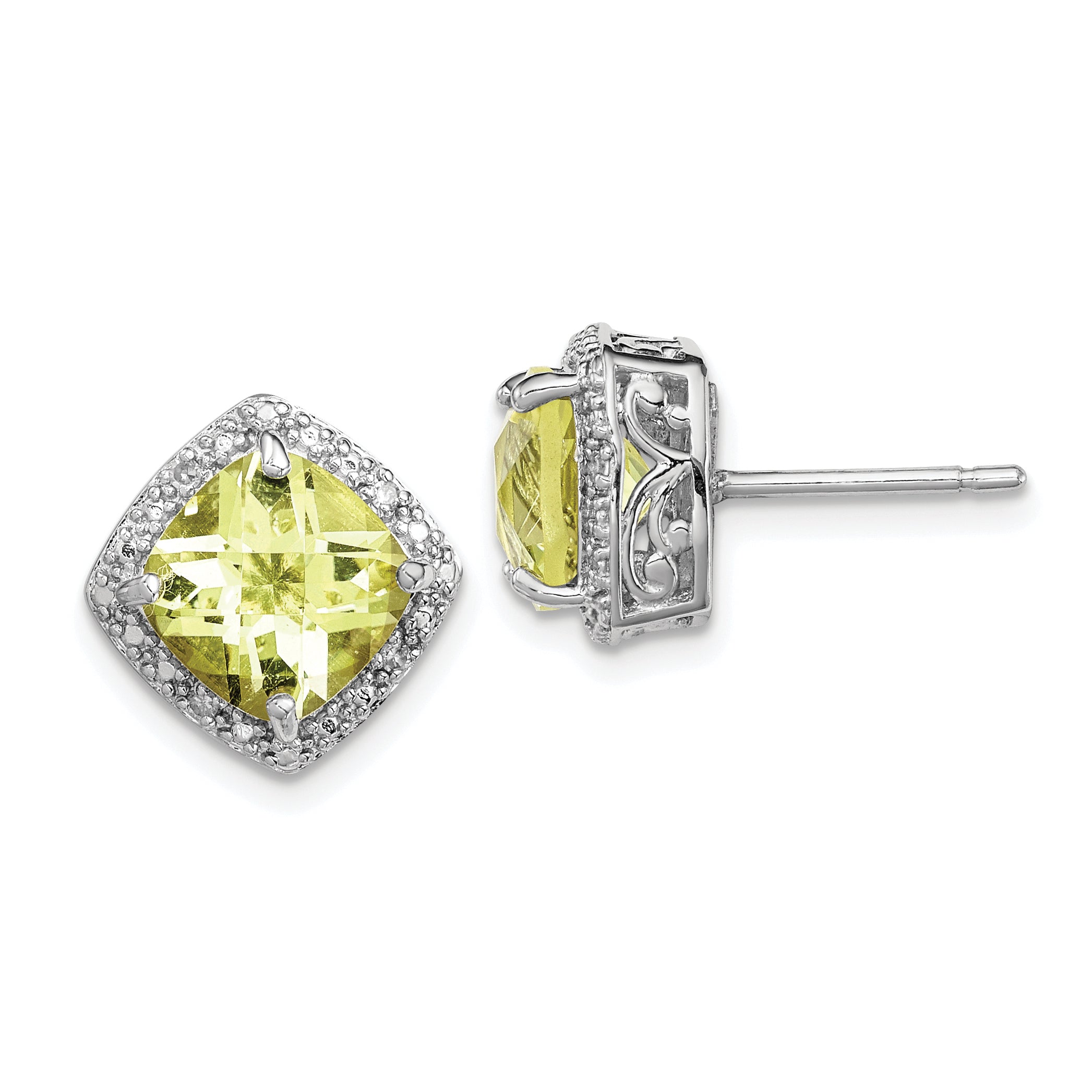 Sterling Silver Rhodium-plated Lemon Quartz and Diamond Earrings Main image