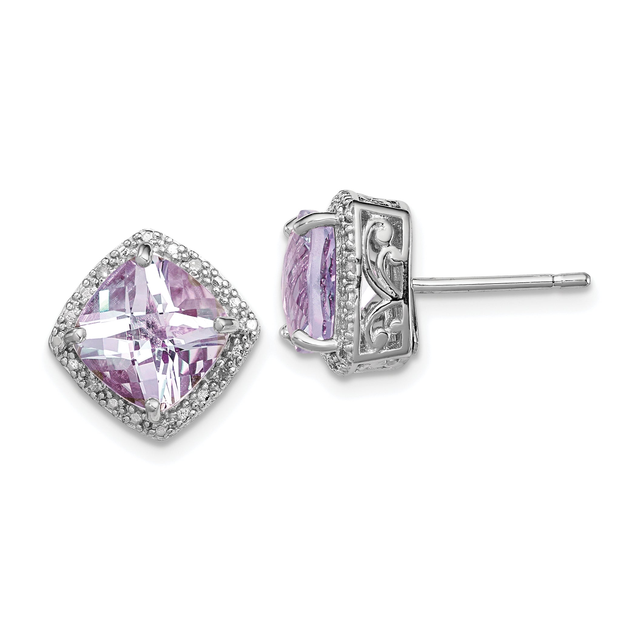 Sterling Silver Rhodium-plated Pink Quartz and Diamond Earrings Main image