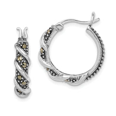 Sterling Silver Rhodium-plated Antiqued Swirl Hoop Marcasite Earrings