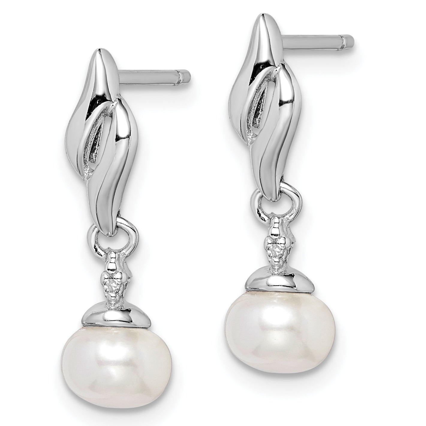 Sterling Silver Rhodium Plated Diamond & FW Cultured Pearl Post Ear Secondary image