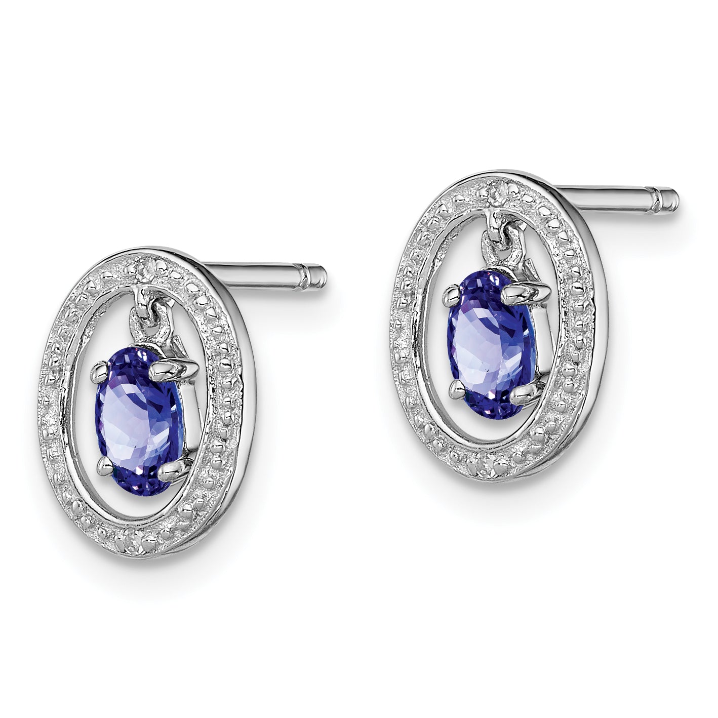 Sterling Silver Rhodium Plated Diamond & Tanzanite Oval Post Earrings