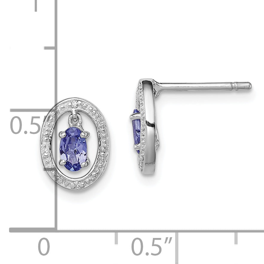 Sterling Silver Rhodium Plated Diamond & Tanzanite Oval Post Earrings