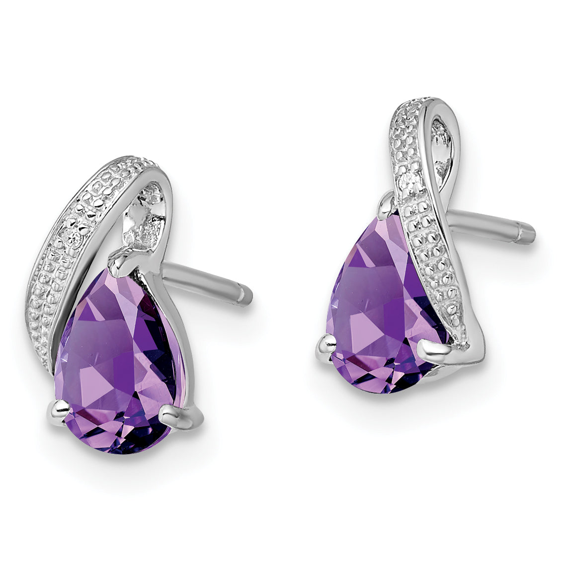 Sterling Silver Rhodium Plated Diamond and Amethyst Post Earrings Secondary image