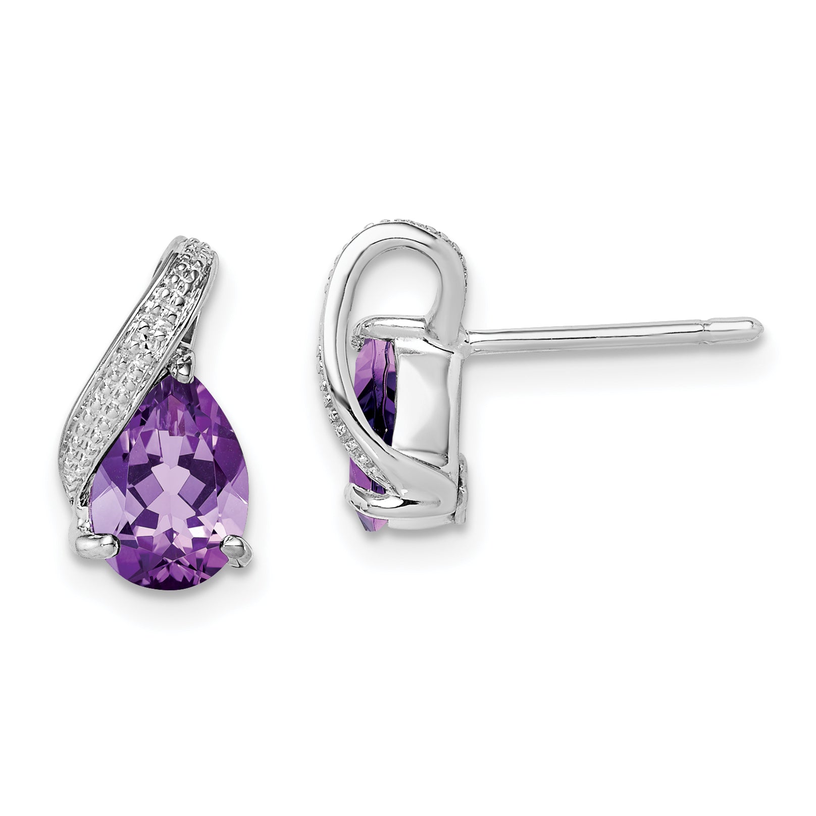 Sterling Silver Rhodium Plated Diamond and Amethyst Post Earrings Main image