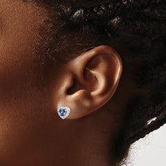 Sterling Silver Rhodium Plated Diamond & Sapphire Heart Earrings