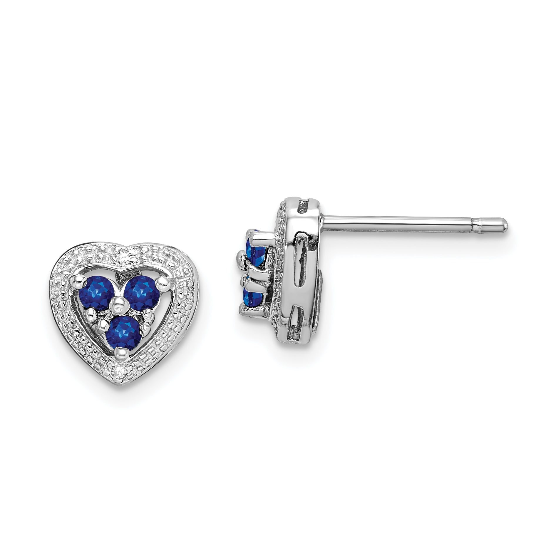 Sterling Silver Rhodium Plated Diamond & Sapphire Heart Earrings