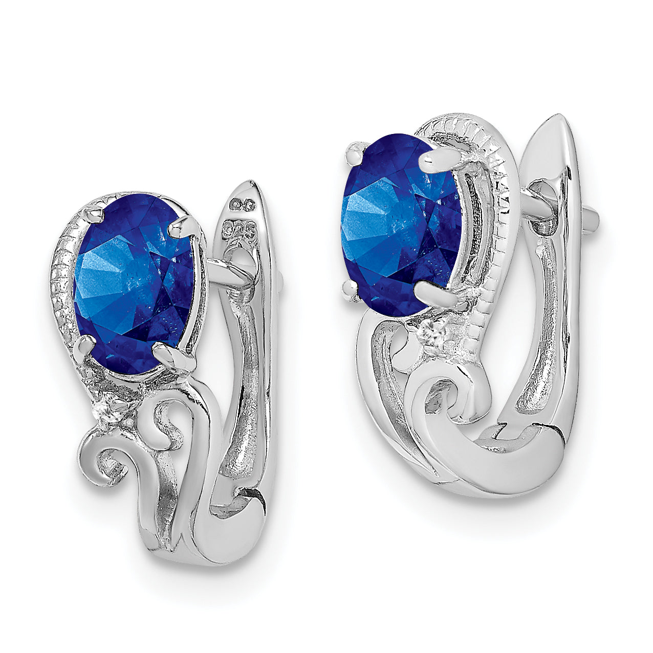 Sterling Silver Rhodium Plated Diamond & Sapphire Hinged Earrings Secondary image
