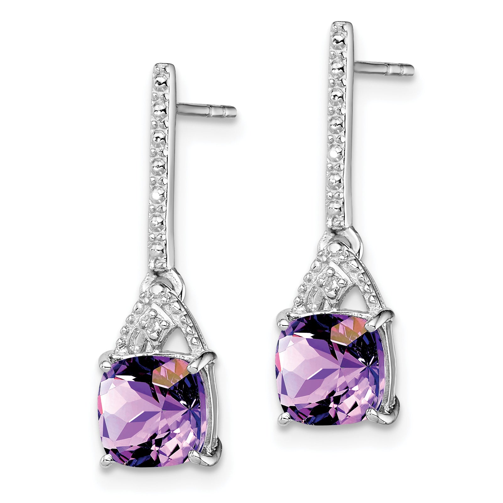 Sterling Silver Rhodium Plated Diamond and Amethyst Post Earrings Secondary image