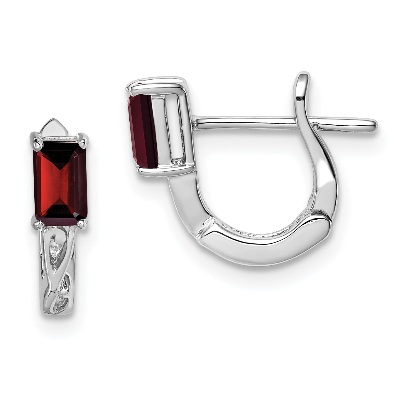 Sterling Silver Rhodium Plated Garnet Hinged Hoop Earrings Main image