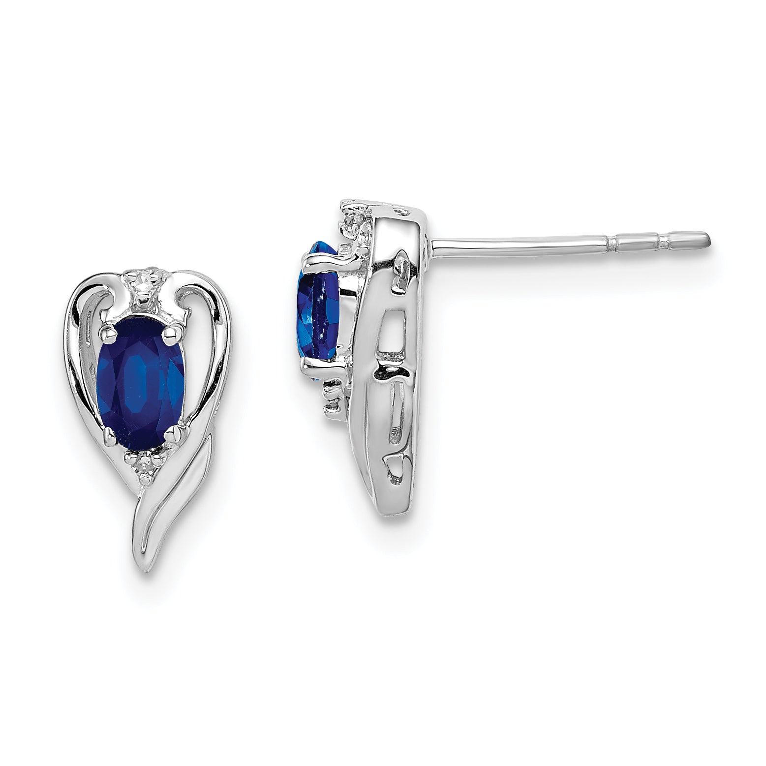 Sterling Silver Rhodium Plated Diamond & Sapphire Post Earrings