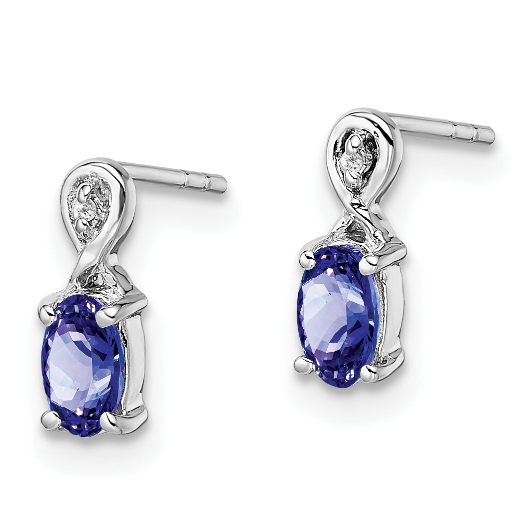 Sterling Silver Rhodium Plated Diamond & Tanzanite Oval Post Earrings