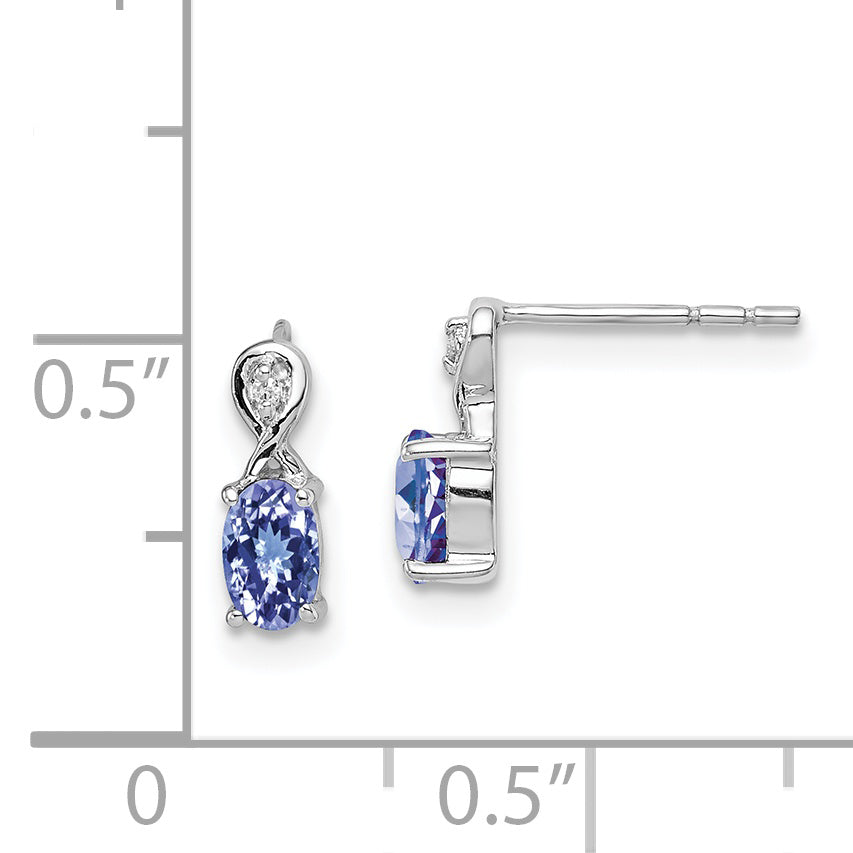 Sterling Silver Rhodium Plated Diamond & Tanzanite Oval Post Earrings