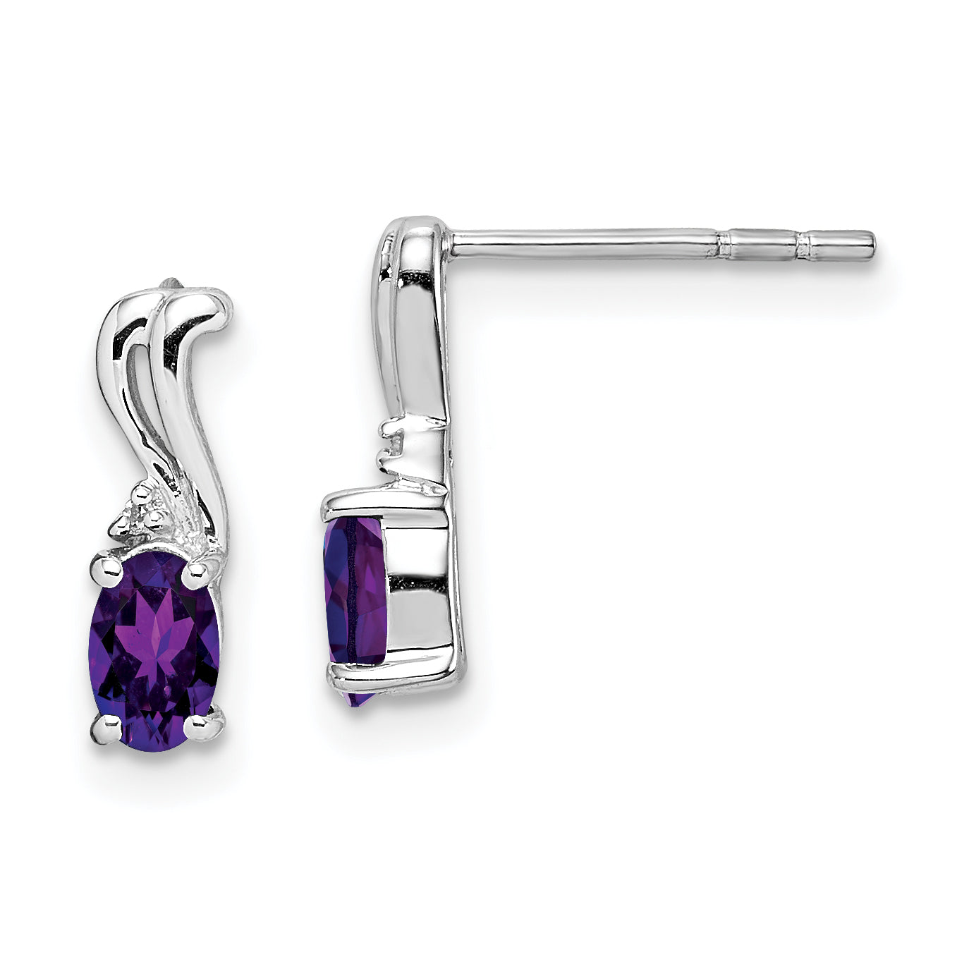 Sterling Silver Rhodium Plated Diamond and Amethyst Oval Post Earrings Main image