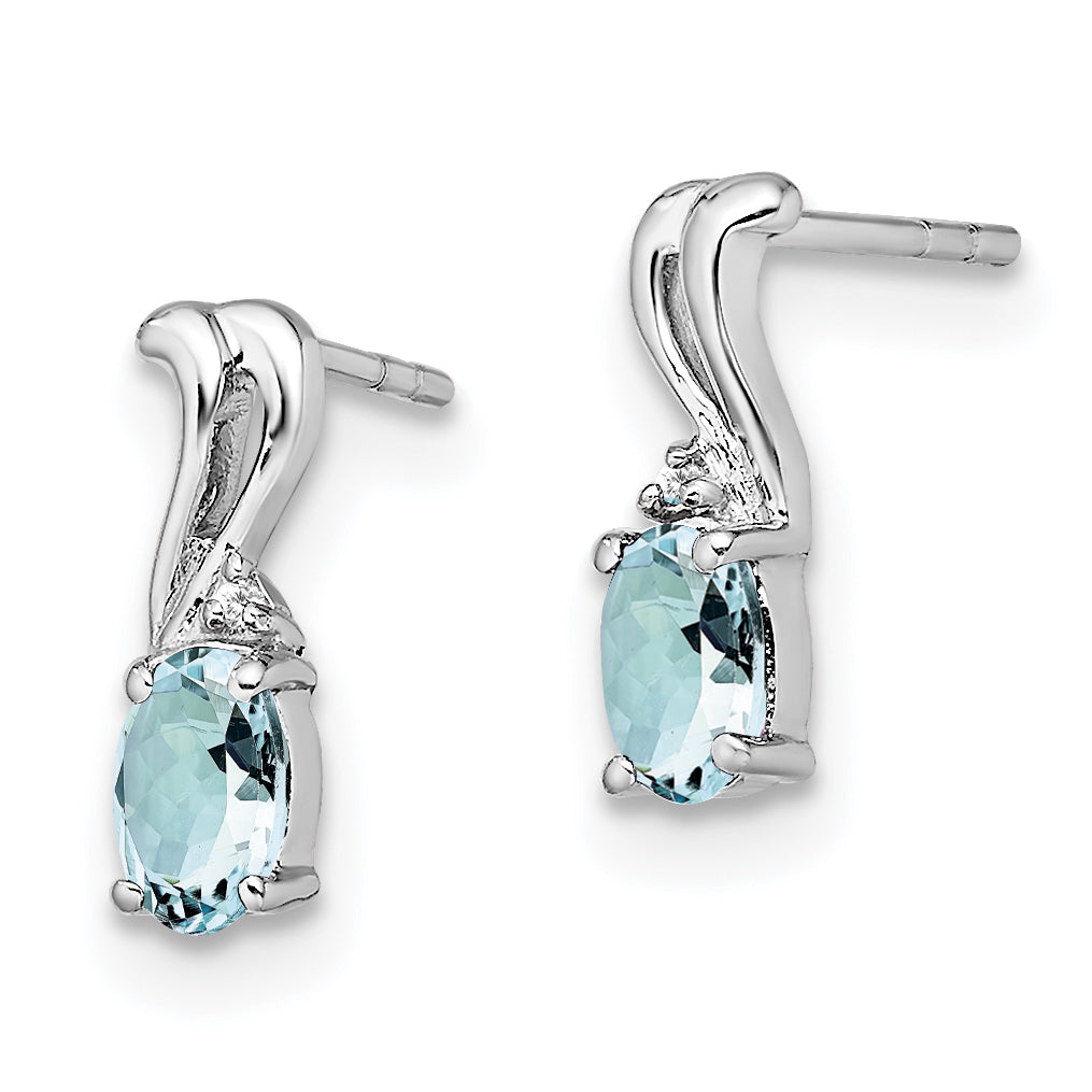 Sterling Silver Rhodium Plated Dia. & Aquamarine Oval Post Earrings Secondary image