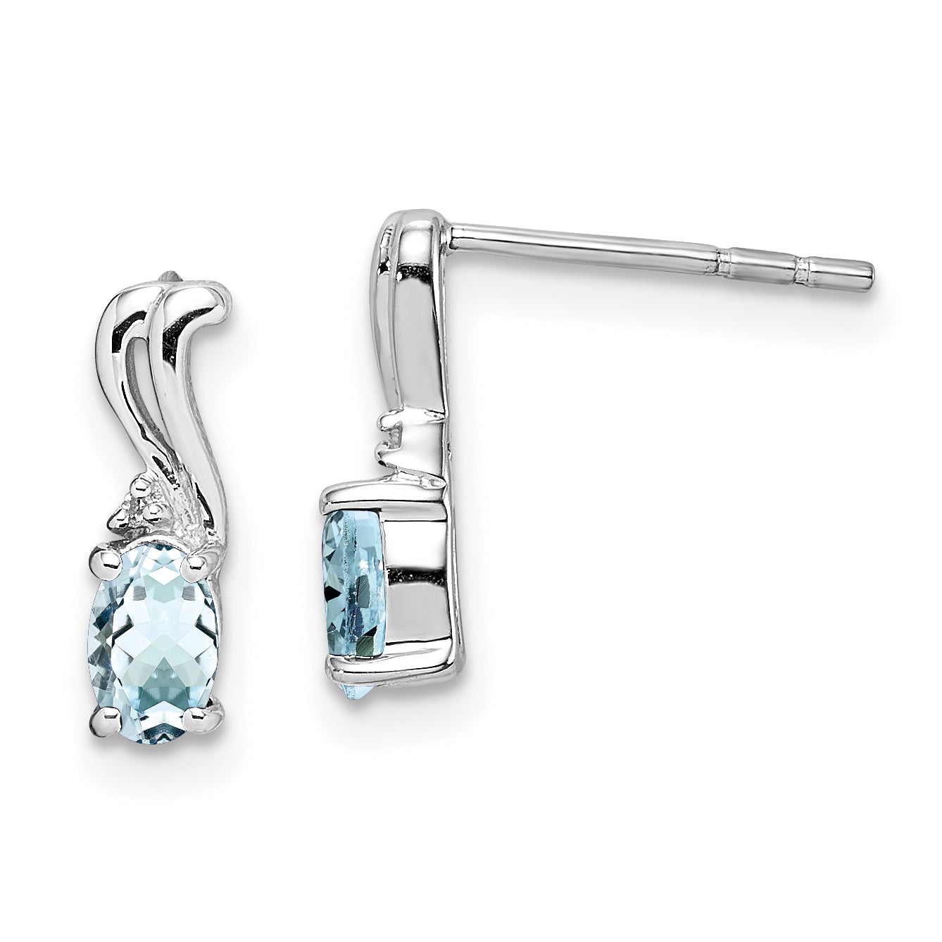 Sterling Silver Rhodium Plated Dia. & Aquamarine Oval Post Earrings Main image