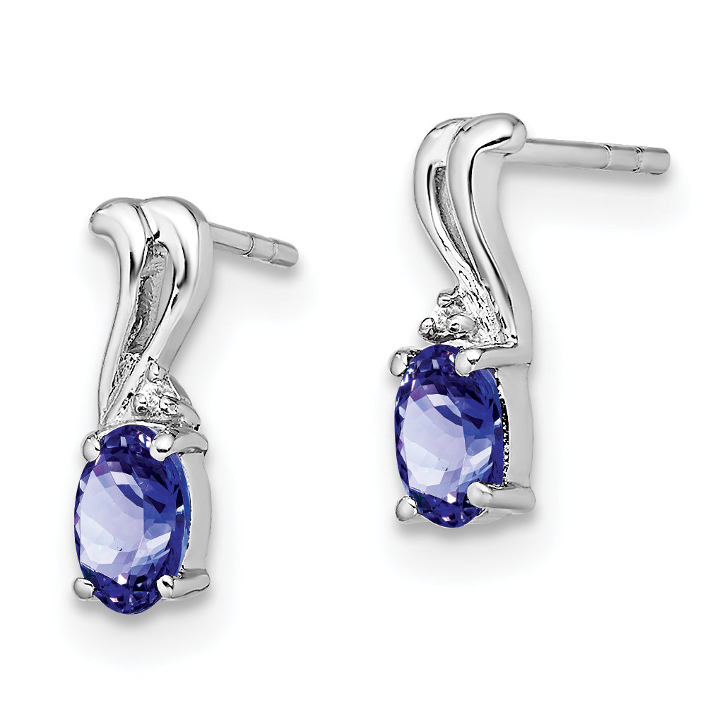 Sterling Silver Rhodium Plated Diamond & Tanzanite Oval Post Earrings