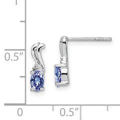 Sterling Silver Rhodium Plated Diamond & Tanzanite Oval Post Earrings