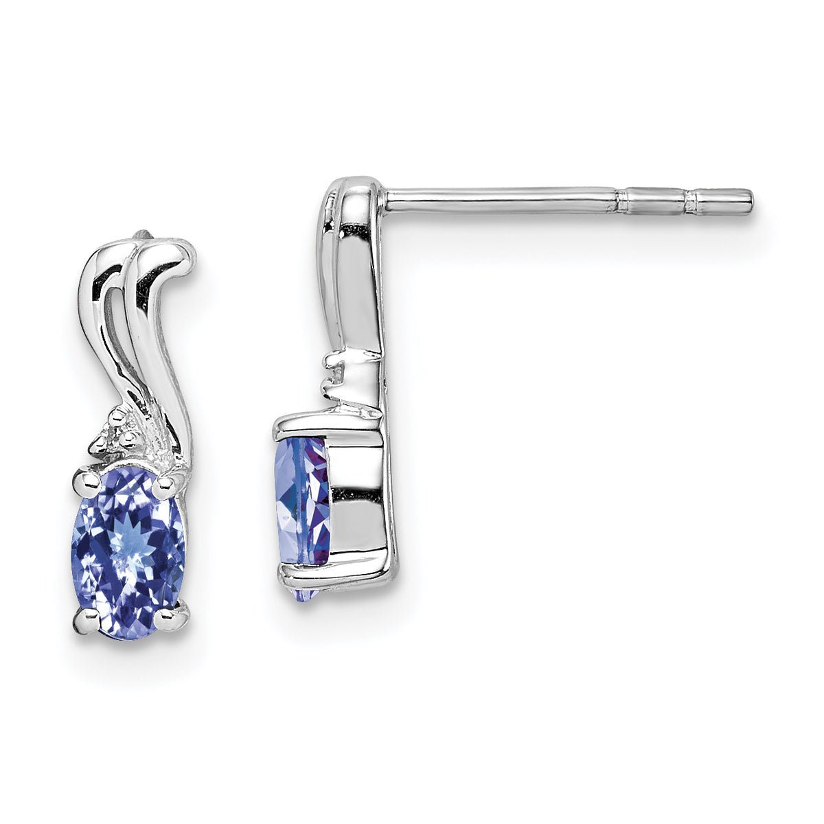 Sterling Silver Rhodium Plated Diamond & Tanzanite Oval Post Earrings