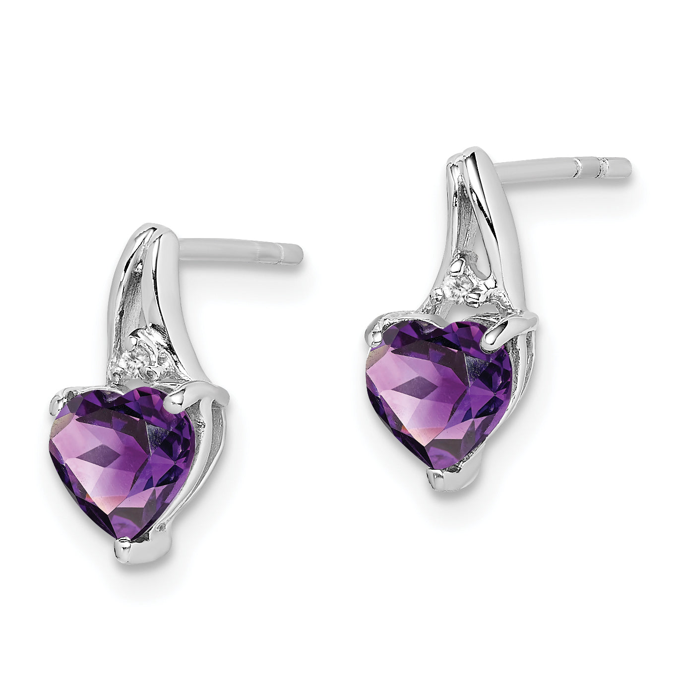 Sterling Silver Rhodium Plated Diamond and Amethyst Heart Post Earrings Secondary image